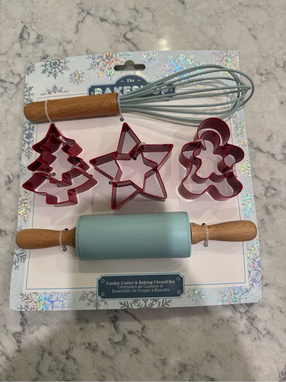 The Bake Shop Blue Mini Rolling Pin & Whisk Holiday Cookie Cutter Set-Red NWT